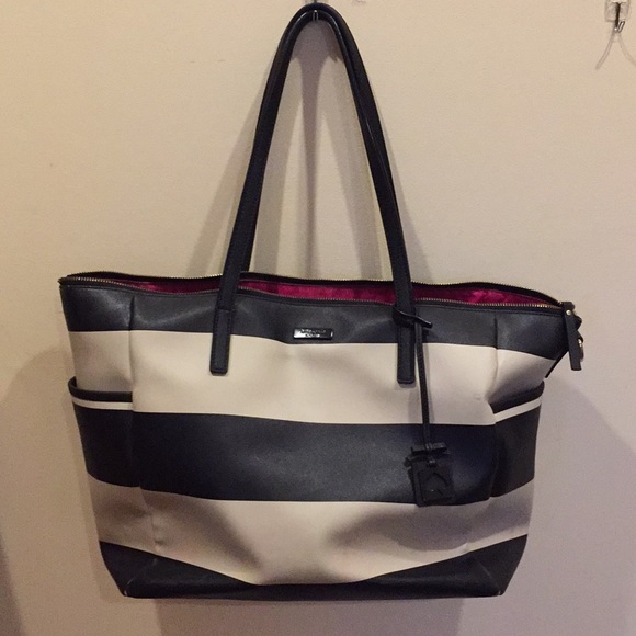 black and white striped diaper bag